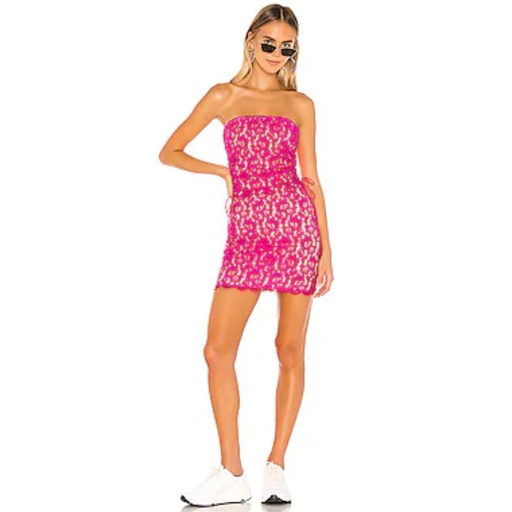Revolve h:ours Damien Fuchsia Side Lace Strapless Bodycon Sexy Mini Lined Dress
